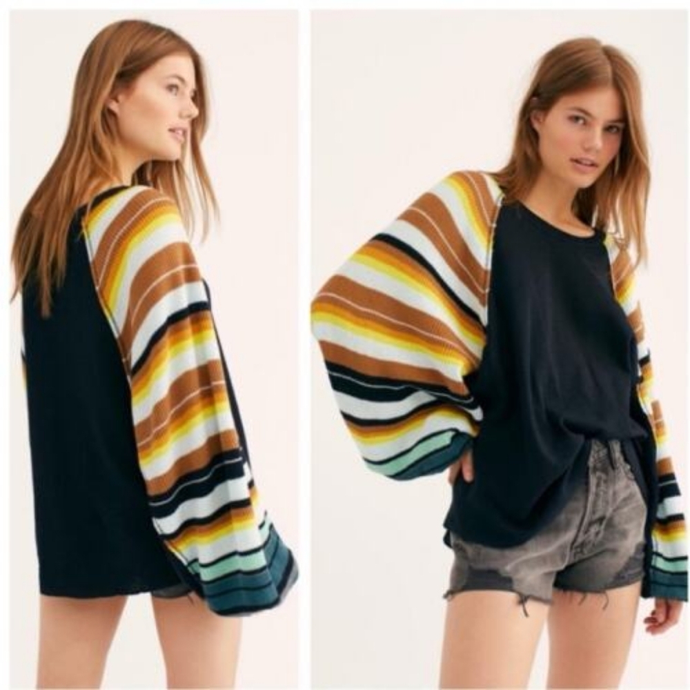 Free People Rainbow Dreams Thermal  Striped Balloon Sleeve Blouse